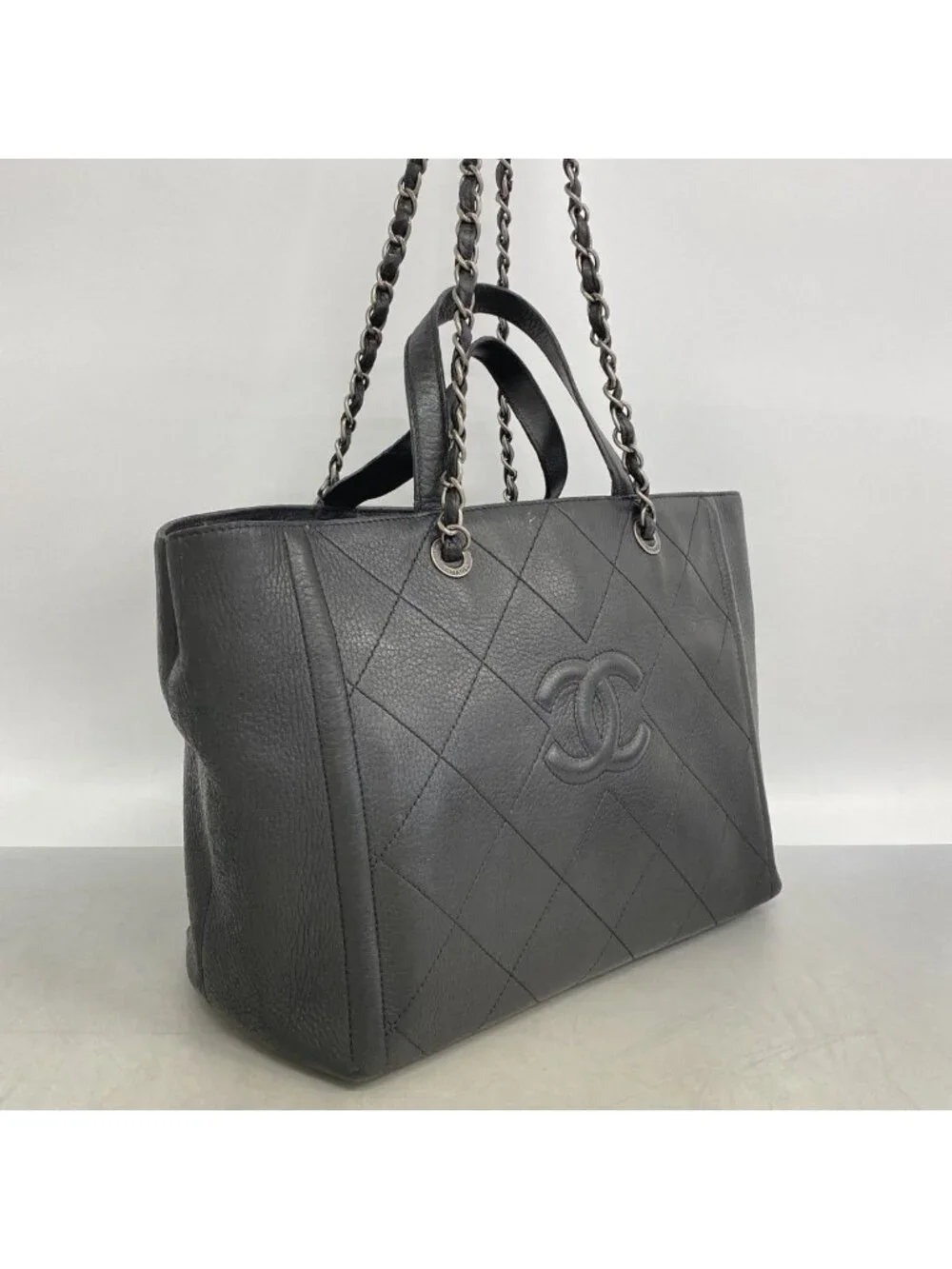 Chanel Tote Quilted Lambskin Black Silver 2-Way
